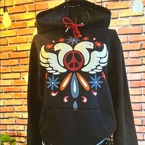 Lucky Brand Black Hoodie with Peace Graphics — Black — Sz L / L
